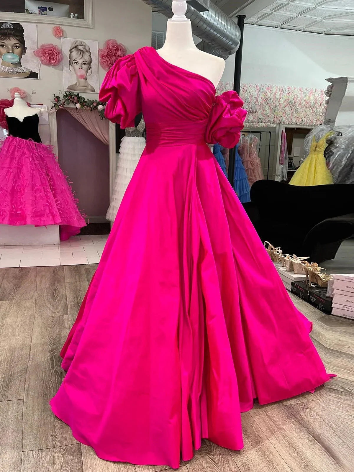 Chic Fuchsia One-Shoulder A-Line Long Prom Dress with Puff Sleeves