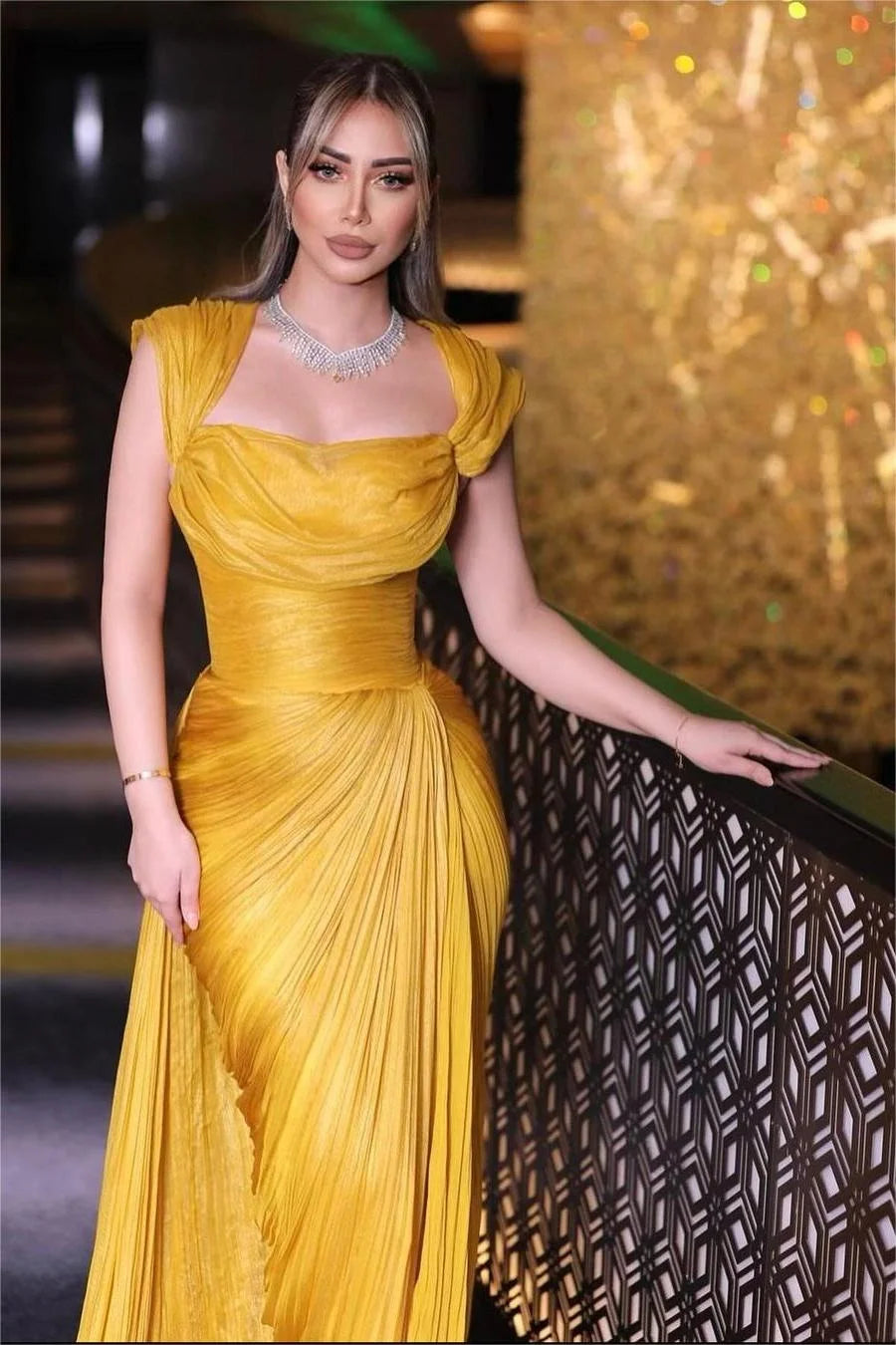 Glamorous Gold Satin Sleeveless Wide Shoulder Straps Prom Dress with Pleated