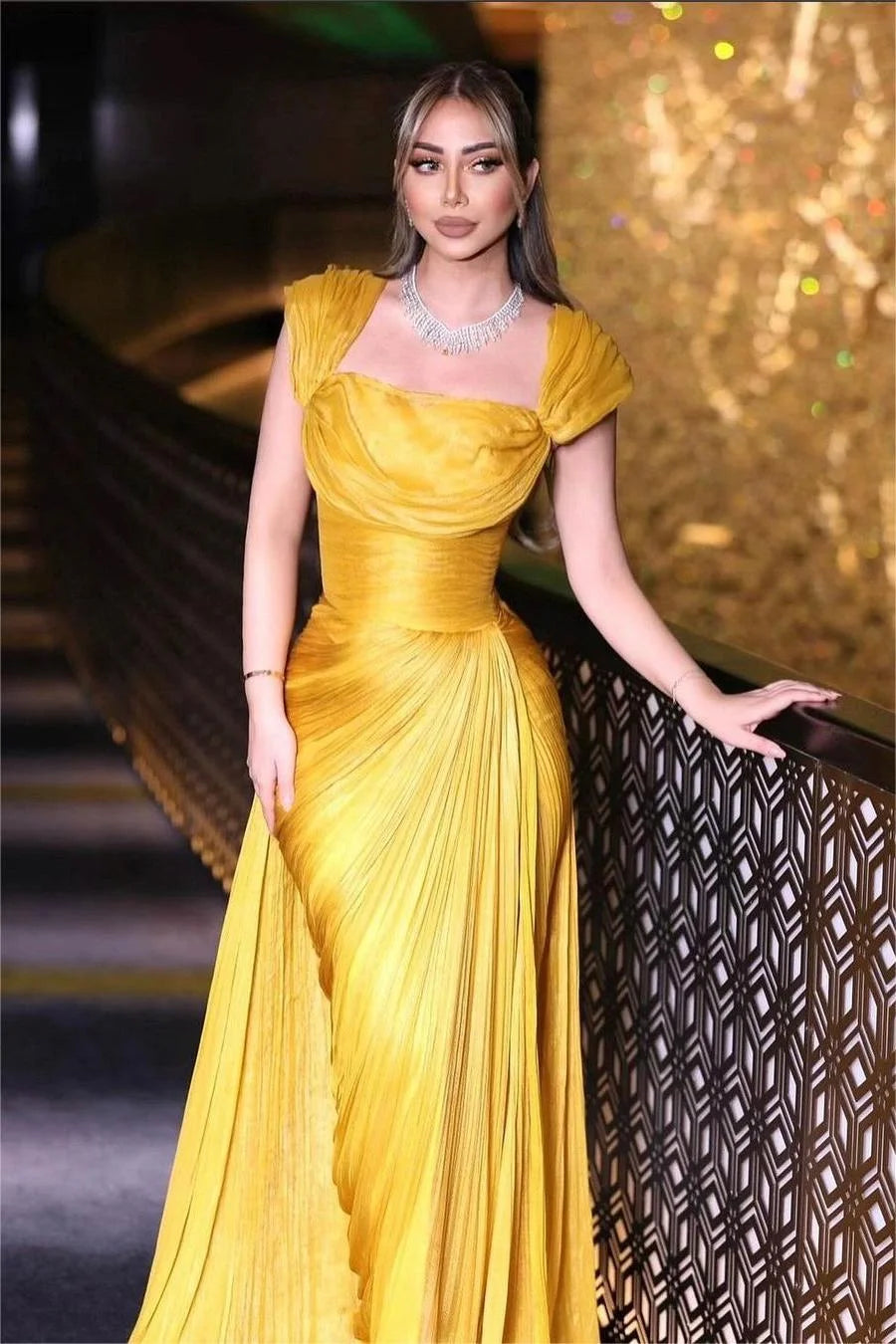 Glamorous Gold Satin Sleeveless Wide Shoulder Straps Prom Dress with Pleated