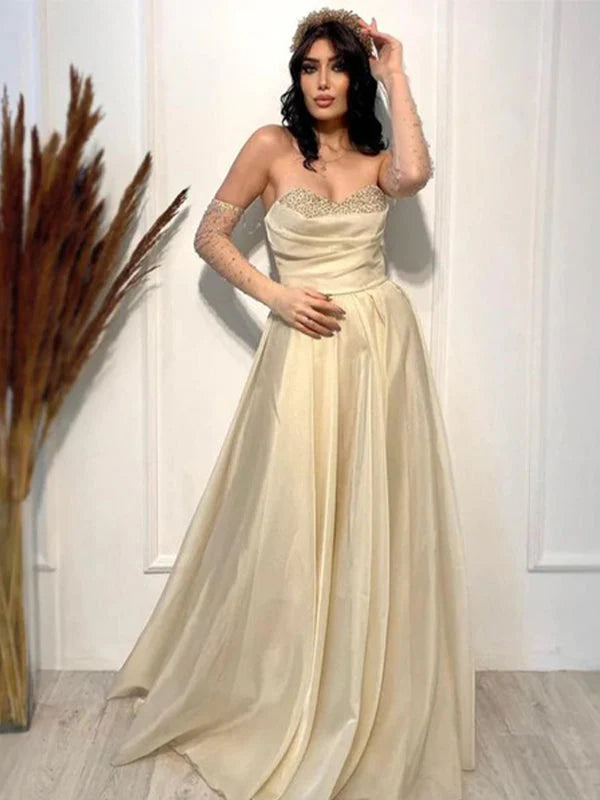 Sparkle Sexy Cream Strapless Sweetheart A-line Long Prom Dress