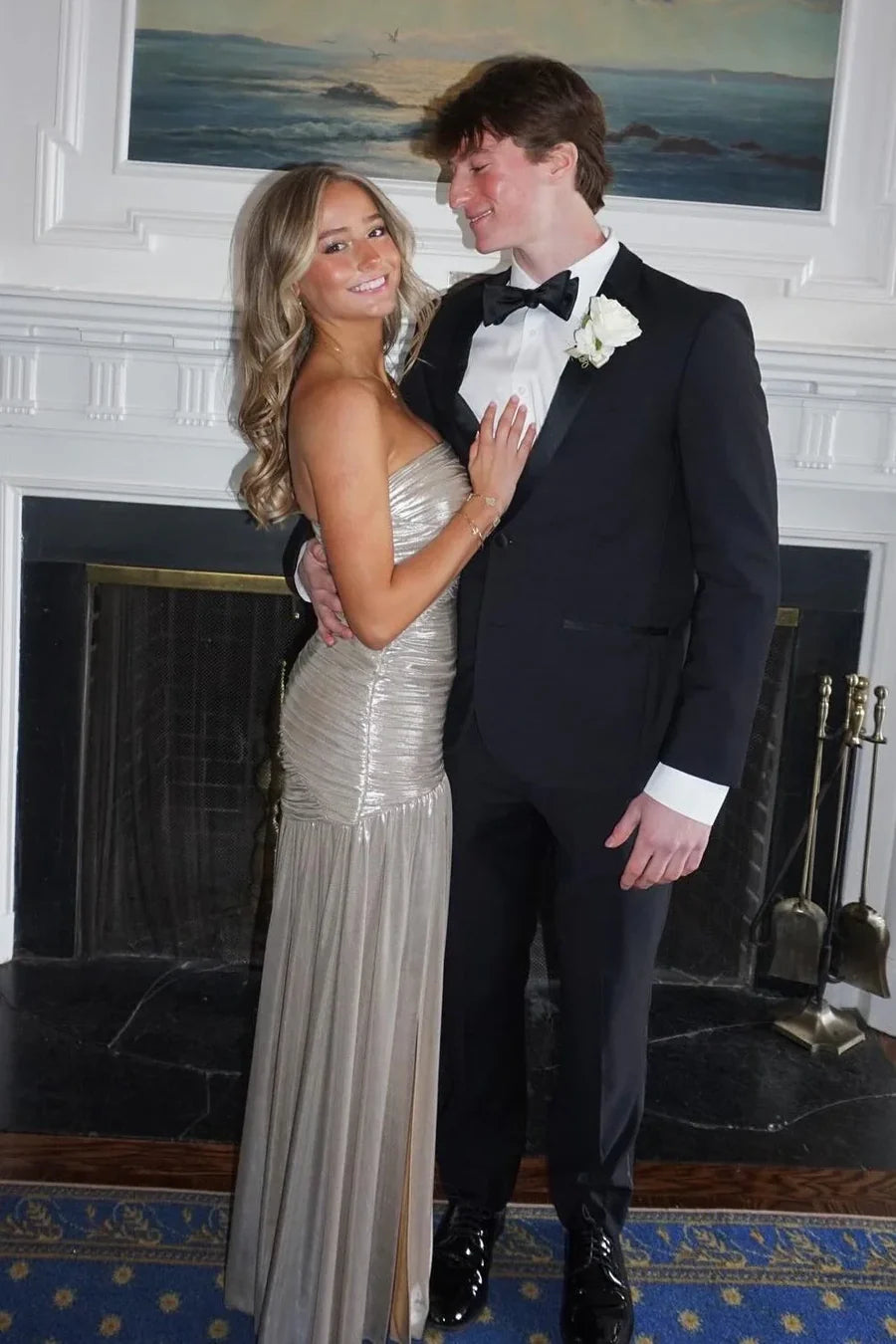 Silver Pleated Strapless Empire A-Line Floor-Length Party Prom Dress