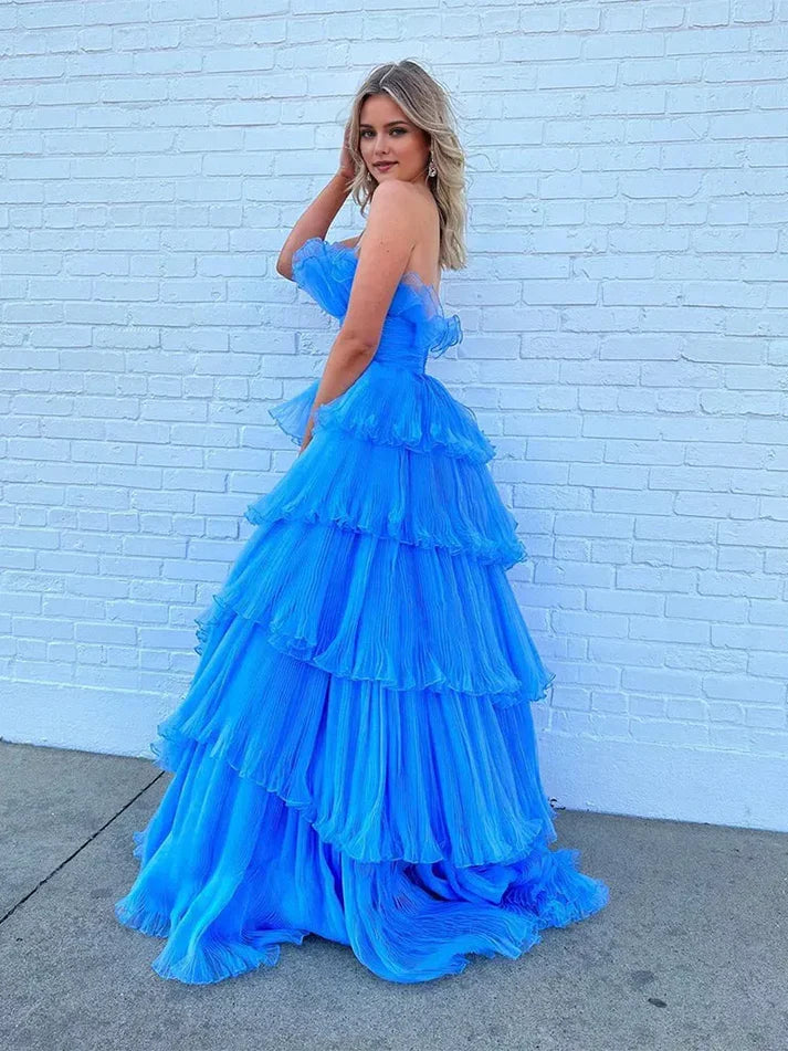 Elegant Blue A-Line Asymmetrical Neck Strapless Back Zip Tiered Ruffled Tulle Floor-Length Prom Dress