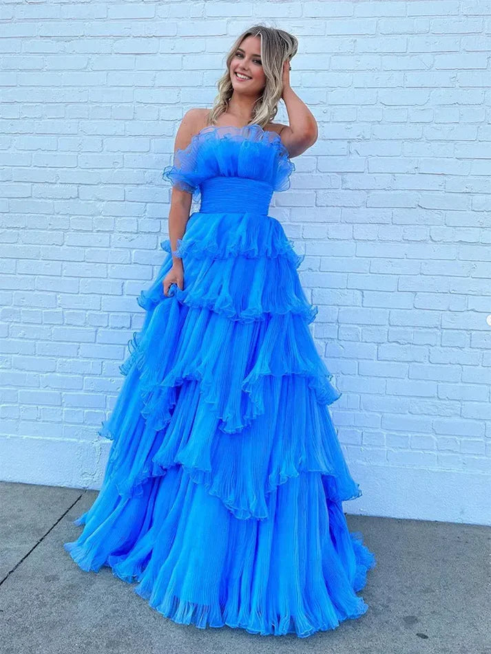 Elegant Blue A-Line Asymmetrical Neck Strapless Back Zip Tiered Ruffled Tulle Floor-Length Prom Dress
