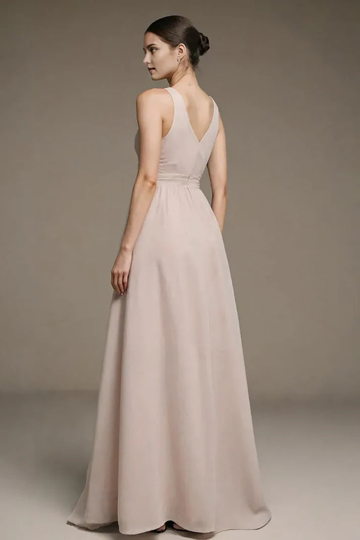 Romantic A-Line Deep-V -Neck Sleeveless V-Back Ruched Floor-Length Prom Dresses