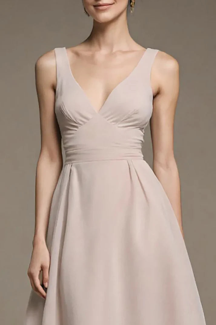 Romantic A-Line Deep-V -Neck Sleeveless V-Back Ruched Floor-Length Prom Dresses
