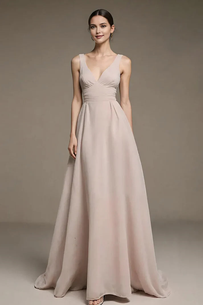 Romantic A-Line Deep-V -Neck Sleeveless V-Back Ruched Floor-Length Prom Dresses
