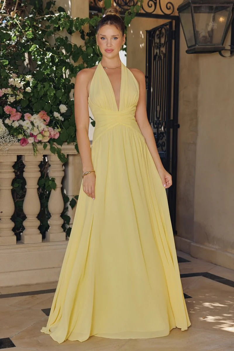 Elegant Chiffon Halter V-Neck A-line Gown Prom Dresses