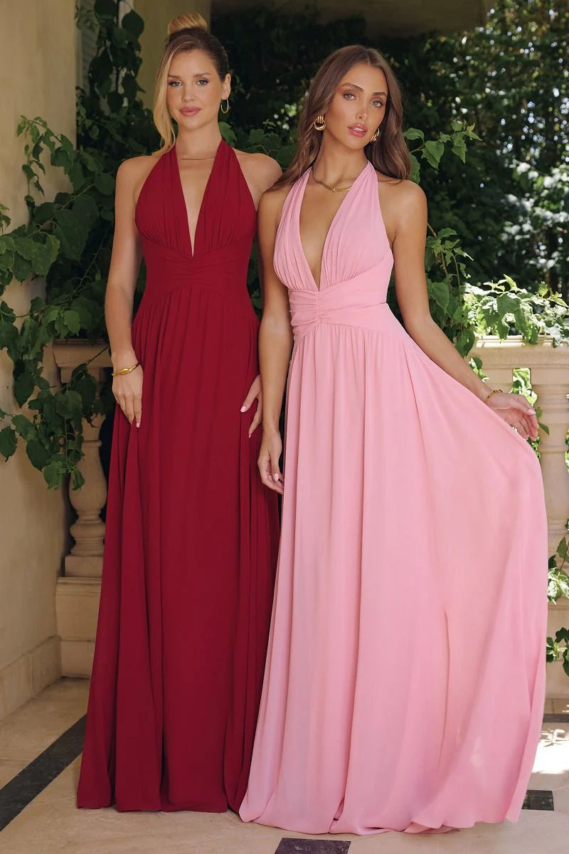 Elegant Chiffon Halter V-Neck A-line Gown Prom Dresses