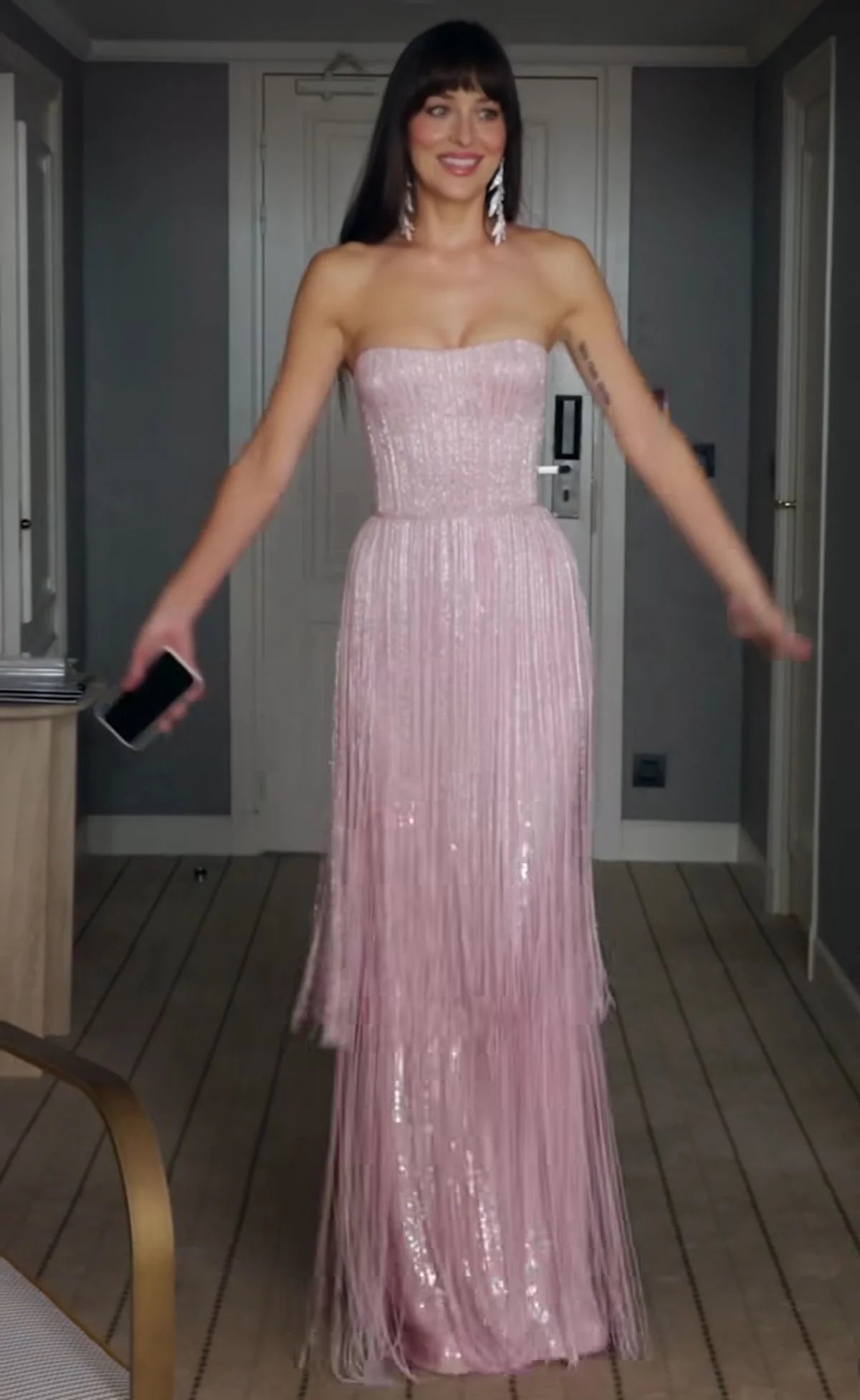 Glamorous Strapless Pink Sequin Tassel Long Party Dress Birthday Prom Gown