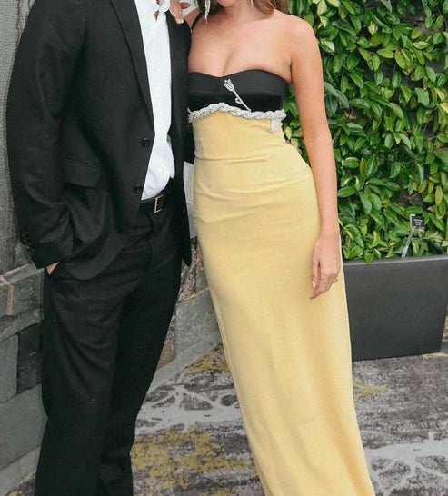 Cute Yellow Strapless Satin Sheath Long Wedding Guest Dress Party Dress