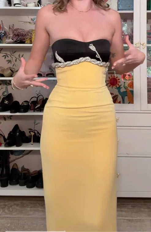 Cute Yellow Strapless Satin Sheath Long Wedding Guest Dress Party Dress