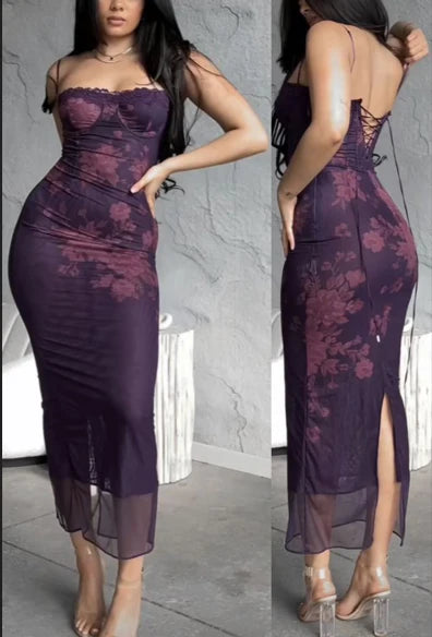 Vintage Spaghetti Straps Purple Chiffon Printed Floral Mermaid Evening Dress Birthday Outfits