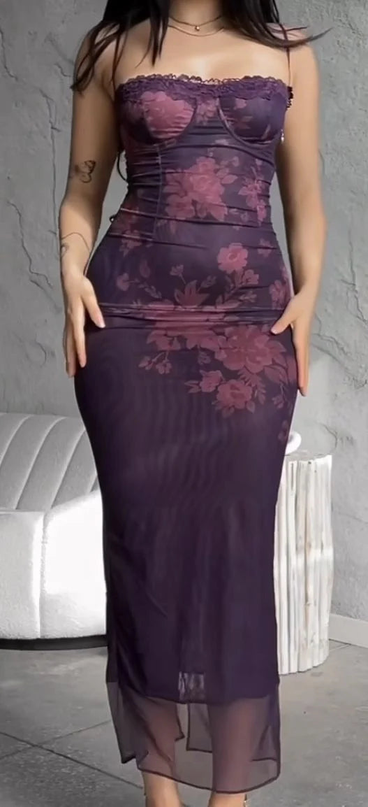 Vintage Spaghetti Straps Purple Chiffon Printed Floral Mermaid Evening Dress Birthday Outfits