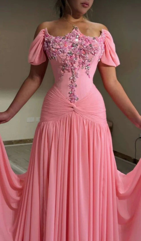 Cute Off The Shoulder Pink Chiffon Beaded Mermaid Long Party Dress Evening Gown