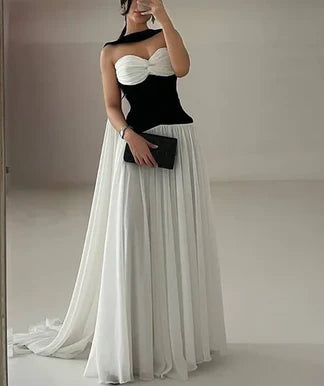 Classy Sweetheart Neck White Chiffon A Line Long Party Dress Birthday Prom Gown With Ribbon