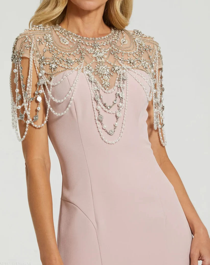 Chic Pink Draped Pearl Beaded Mermaid Gown