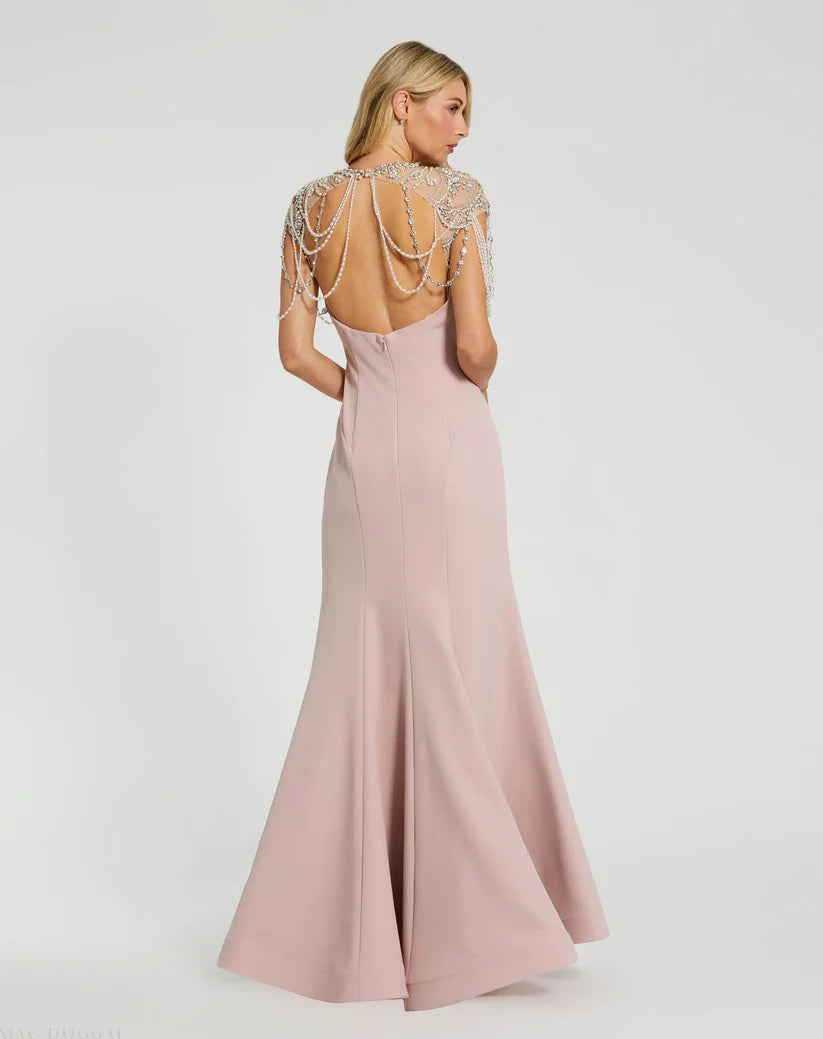Chic Pink Draped Pearl Beaded Mermaid Gown