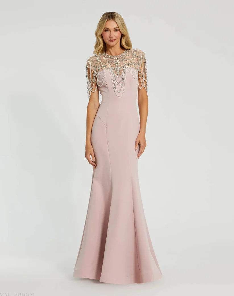 Chic Pink Draped Pearl Beaded Mermaid Gown