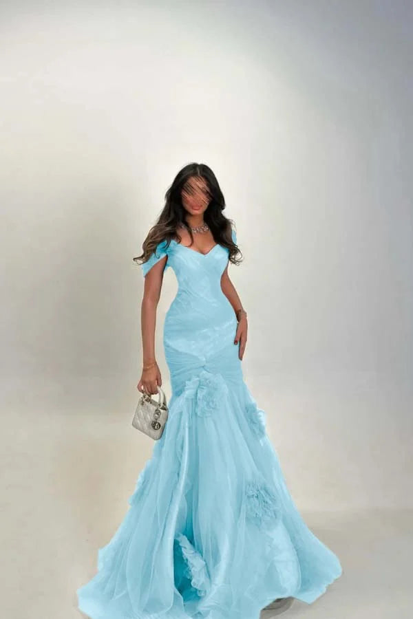 Tulle Off The Shoulder Long Pleated Prom Dress With Mermaid
