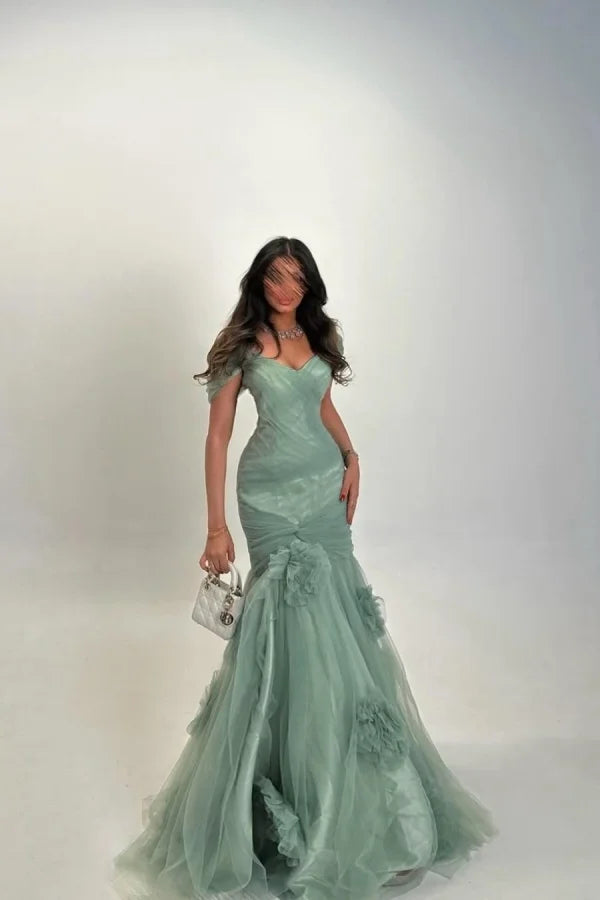 Tulle Off The Shoulder Long Pleated Prom Dress With Mermaid