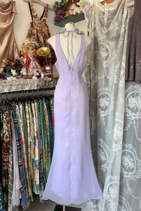 Pretty Lilac Mermaid Halter Satin Chiffon Without Sleeves Long Prom Dress Evening Dress
