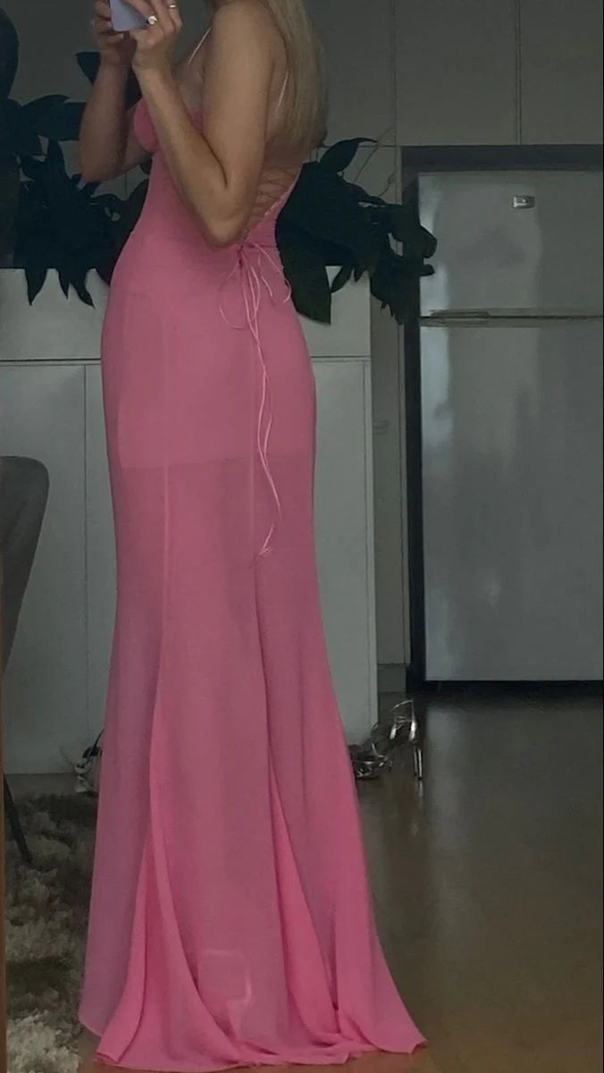 Beautiful Mermaid Sheath Spaghetti Straps Pink Chiffon Long Prom Dress
