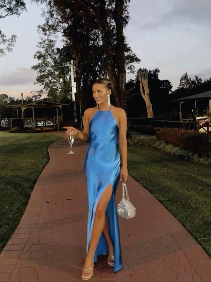 Charming Mermaid Halter Blue Satin Slit Long Prom Dress
