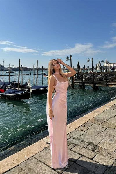 Pretty Pink Sweetheart Cap Sleeves Satin Prom Dresses Mermaid High Split With Pleats