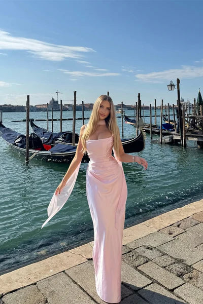 Pretty Pink Sweetheart Cap Sleeves Satin Prom Dresses Mermaid High Split With Pleats