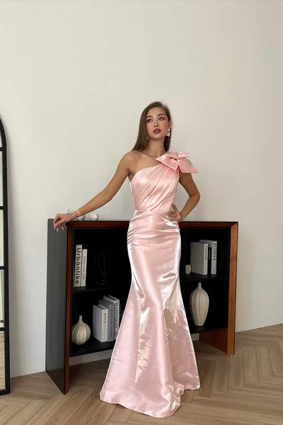 Charming Pink One Shoulder Sleeveless Satin Mermaid Prom Dresses Detachable Skirt With Bow Knot