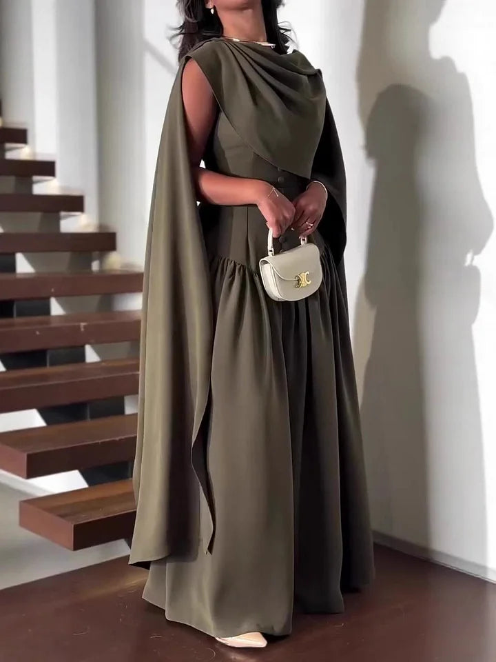 Ladies Round Neck Buckle Patchwork Shawl Elegant Temperament Dinner Dress