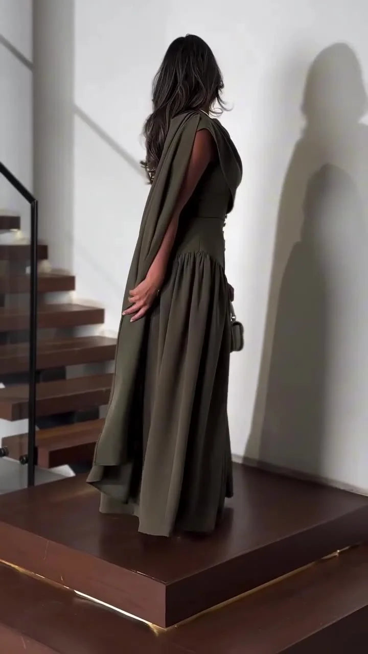 Ladies Round Neck Buckle Patchwork Shawl Elegant Temperament Dinner Dress