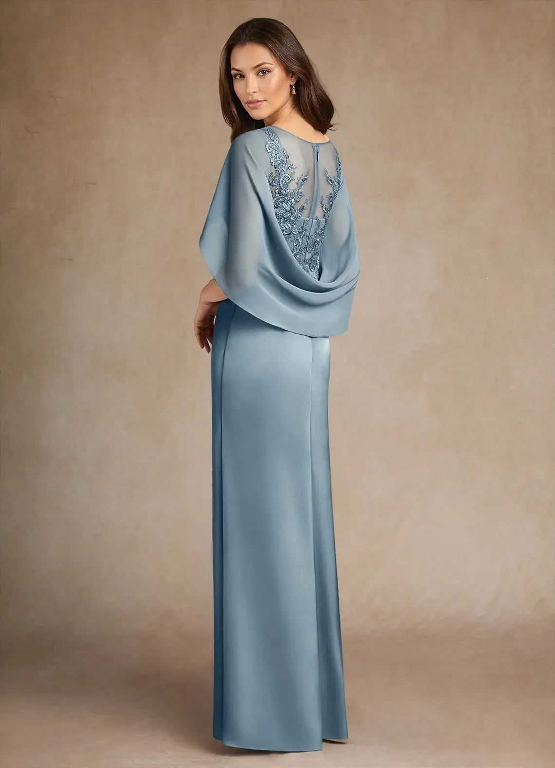 A-Line/Princess Illusion Cape Floor-Length Satin Mother of The Bride Dresses