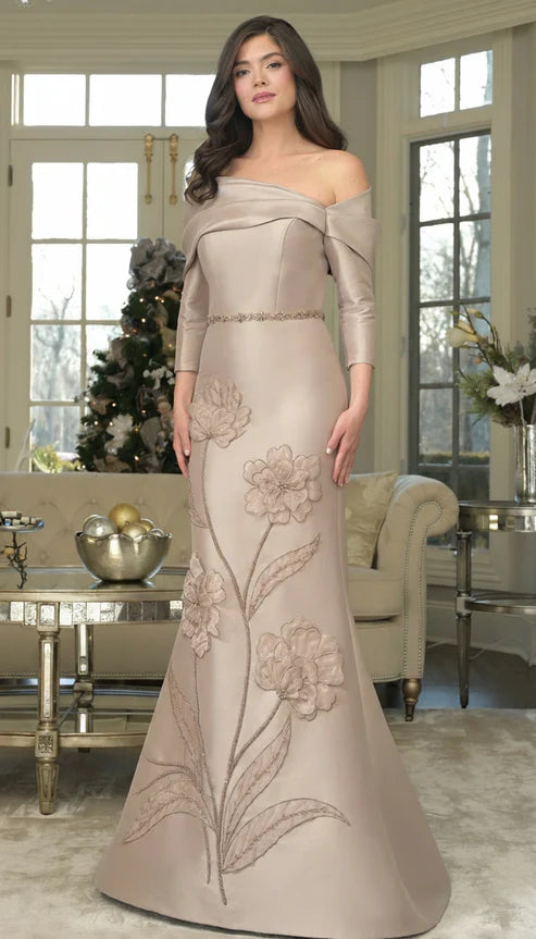 Elegant Beaded Long Fitted Floral Applique Formal Dress