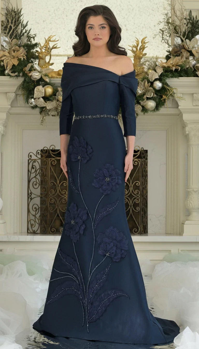 Elegant Beaded Long Fitted Floral Applique Formal Dress