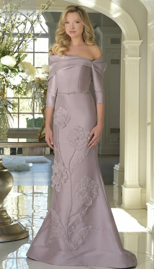 Elegant Beaded Long Fitted Floral Applique Formal Dress