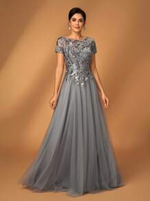 Elegant Mother Of The Bride Dresses For Wedding Women's Elegant Gorgeous Luxury Grey Sequins Embroidery Stitching Mesh Round Neck Cap Sleeves A-Line