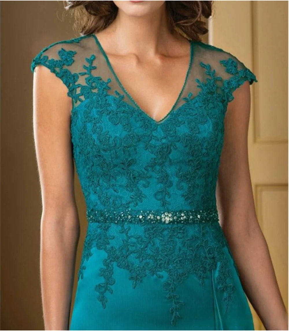 A-Line Lace Floor-Length Mother Of The Bride/ Groom Dress  Turquoise Appliques Chiffon Short Sleeve Ruffles Belt