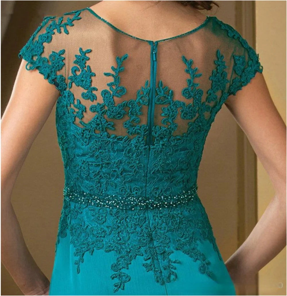 A-Line Lace Floor-Length Mother Of The Bride/ Groom Dress  Turquoise Appliques Chiffon Short Sleeve Ruffles Belt