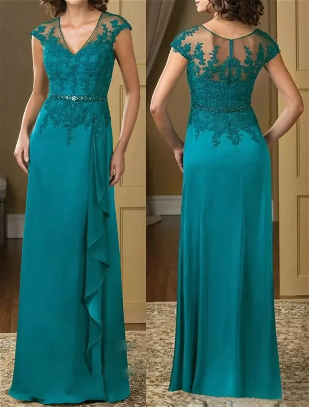 A-Line Lace Floor-Length Mother Of The Bride/ Groom Dress  Turquoise Appliques Chiffon Short Sleeve Ruffles Belt