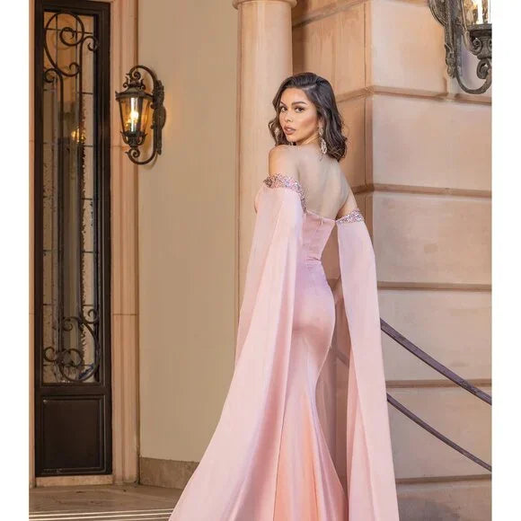 New Off Shoulder Sheath Dress w/ Beads Embroidery & Shoulder Drapes