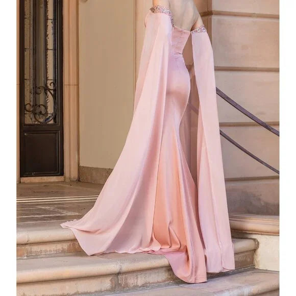 New Off Shoulder Sheath Dress w/ Beads Embroidery & Shoulder Drapes