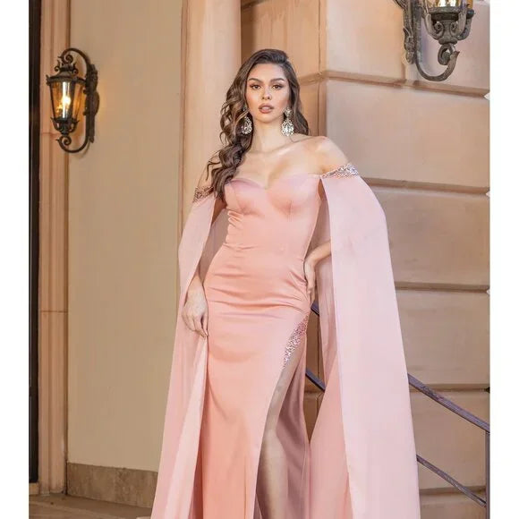 New Off Shoulder Sheath Dress w/ Beads Embroidery & Shoulder Drapes