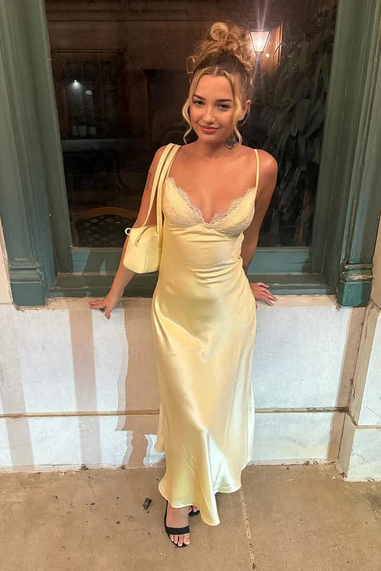 V-Neck Spaghetti Straps Satin Long Party Prom Dress