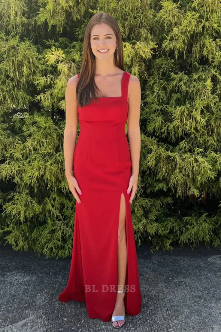 Mermaid Straps Square Neck Red Long formal dresses Bridesmaid Dresses evening gown Prom Dress