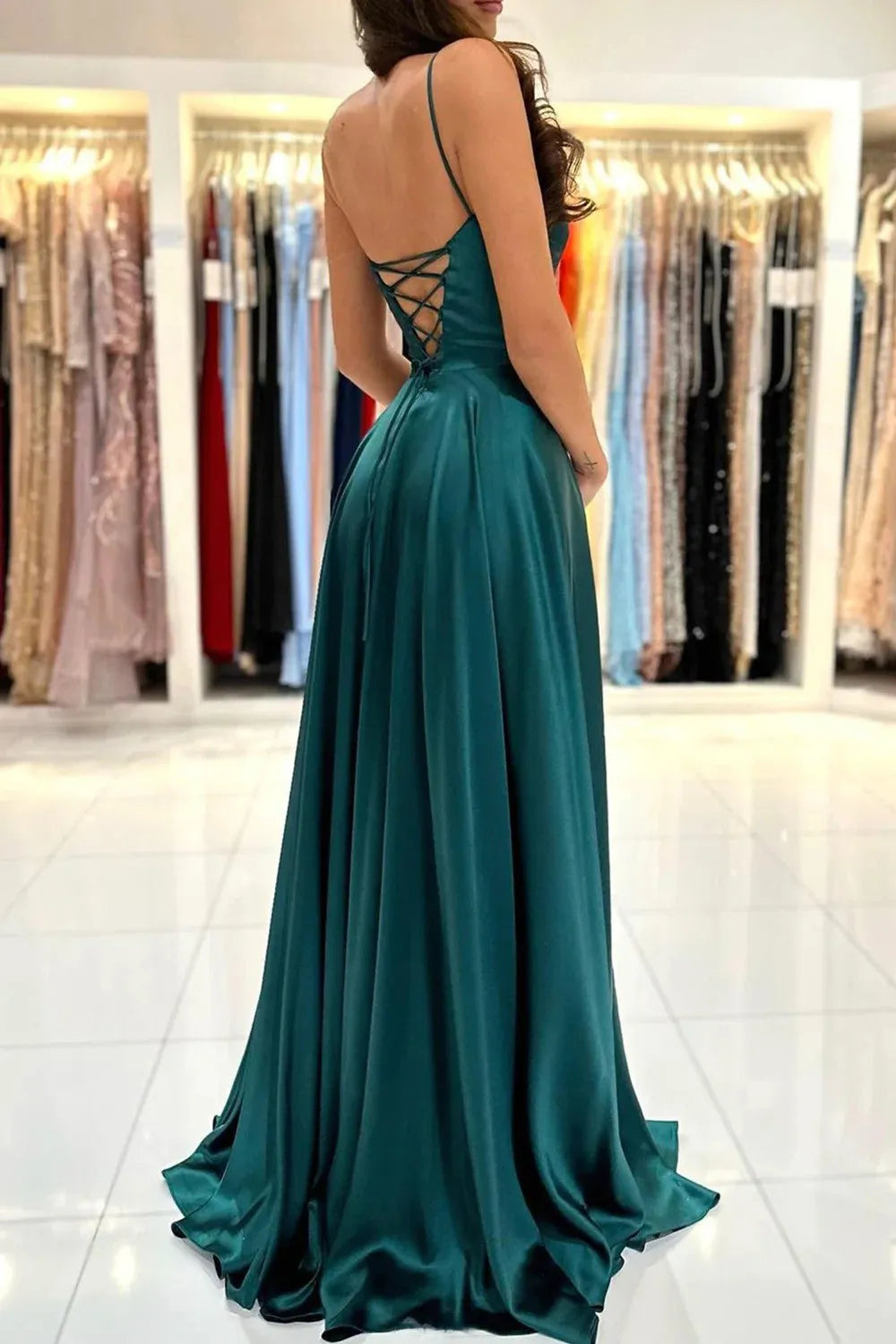 A Line Spaghetti Straps Backless Satin Prom Dress