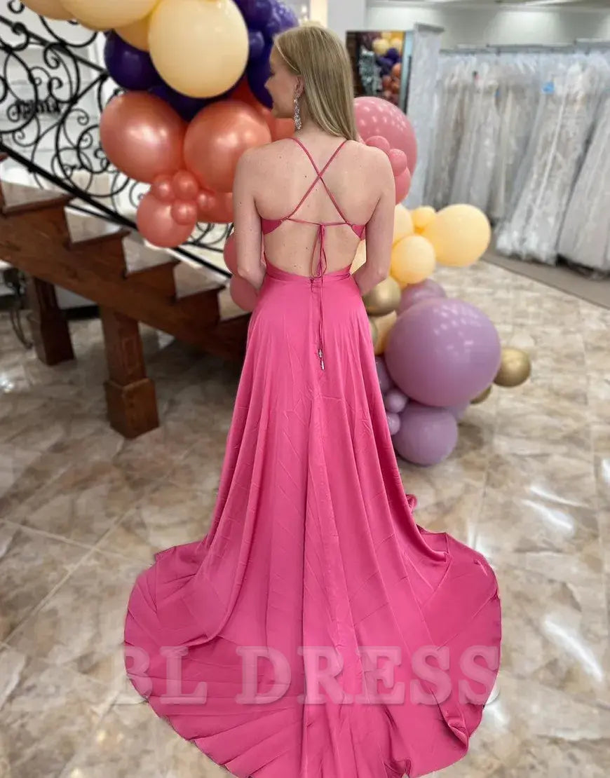 A-Line Spaghetti Straps Criss-Cross Back Fuchsia Long formal dresses Bridesmaid Dresses evening gown Prom Dress