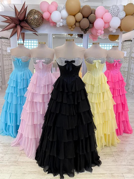 A-Line Empire Beaded Strapless Tiered Party Prom Dress With Slit