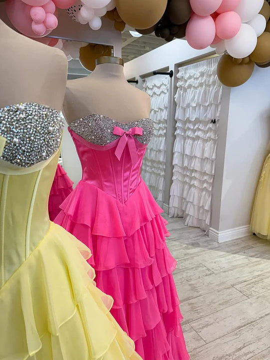 A-Line Empire Beaded Strapless Tiered Party Prom Dress With Slit