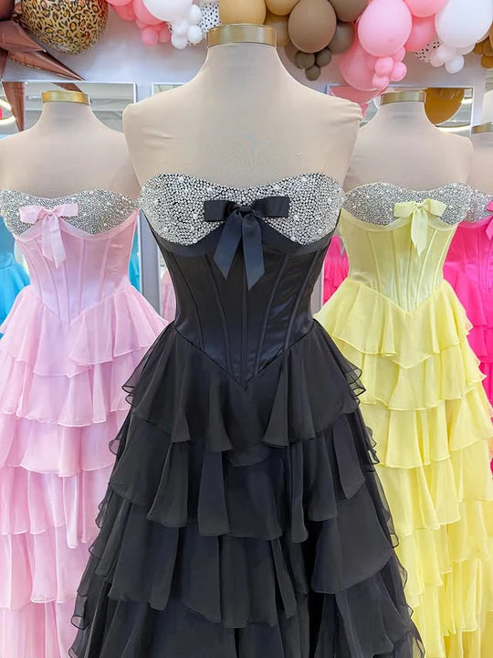 A-Line Empire Beaded Strapless Tiered Party Prom Dress With Slit